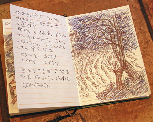 佐藤さんが散策に携行する「森の手帳」。風景や雲、葉っぱ、木の芽などのスケッチが描かれている。色鉛筆で彩色されたページも。聞けば佐藤さんは「もともと絵描きになろうと思っていた」という。